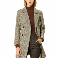 Allegra K Wool-Blend Raglan Sleeve Storm Flap Plaids Trench Coat