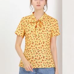 Allegra K Tie Bow Neck Cherry Printed Blouse Clothing 155 Allegra K Tie Bow Neck Cherry Printed Blouse Clothing