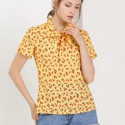 Allegra K Tie Bow Neck Cherry Printed Blouse Clothing 156 Allegra K Tie Bow Neck Cherry Printed Blouse Clothing