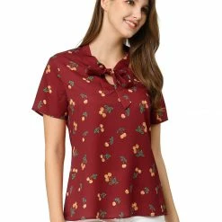 Allegra K Tie Bow Neck Cherry Printed Blouse Clothing 123 Allegra K Tie Bow Neck Cherry Printed Blouse Clothing