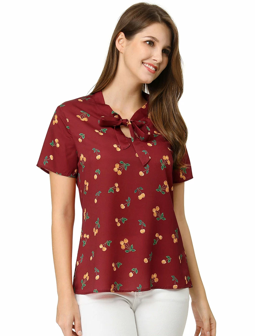 Allegra K Tie Bow Neck Cherry Printed Blouse Clothing 45 Allegra K Tie Bow Neck Cherry Printed Blouse Clothing