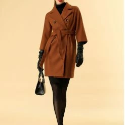 Allegra K Notched Lapel Double Breasted Belted Coat With 3/4 Raglan Sleeves Women