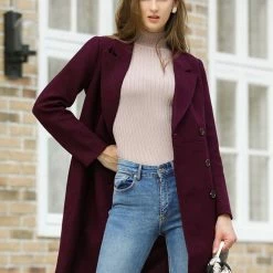 Women Allegra K Double Breasted Notched Lapel Winter Long Coat