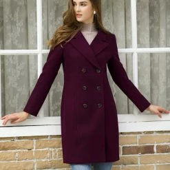 Women Allegra K Double Breasted Notched Lapel Winter Long Coat