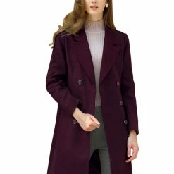 Women Allegra K Double Breasted Notched Lapel Winter Long Coat