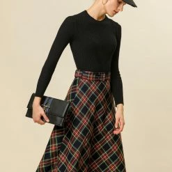 Allegra K Women's Tartan Plaid High Waist Belted Vintage A-Line Midi Skirt