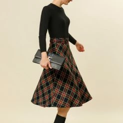 Allegra K Women's Tartan Plaid High Waist Belted Vintage A-Line Midi Skirt