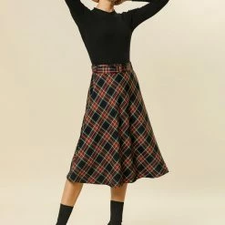 Allegra K Women's Tartan Plaid High Waist Belted Vintage A-Line Midi Skirt
