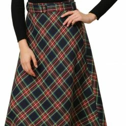 Allegra K Women's Tartan Plaid High Waist Belted Vintage A-Line Midi Skirt