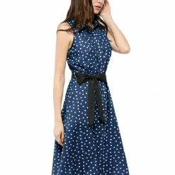 Allegra K Sleeveless Polka Dot Midi Shirt Dress Women