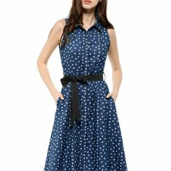 Allegra K Sleeveless Polka Dot Midi Shirt Dress Women