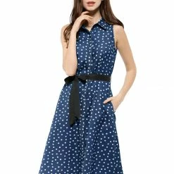 Allegra K Sleeveless Polka Dot Midi Shirt Dress Women