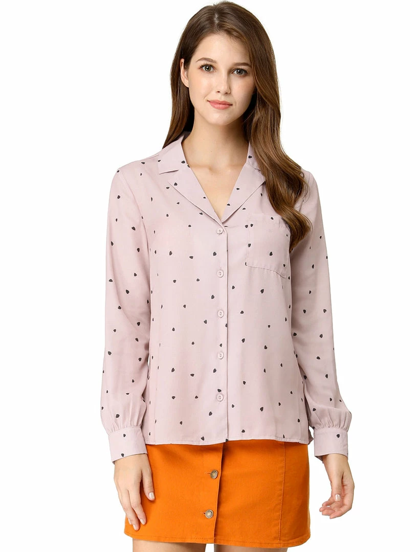 Allegra K Women's Heart Polka Dots Button Up Notched Lapel V Neck Shirt Tops 66 Allegra K Women's Heart Polka Dots Button Up Notched Lapel V Neck Shirt Tops