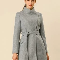 Allegra K Women's Classic Stand Collar Long Sleeve Winter Belted Long Coat 73 Allegra K Women's Classic Stand Collar Long Sleeve Winter Belted Long Coat