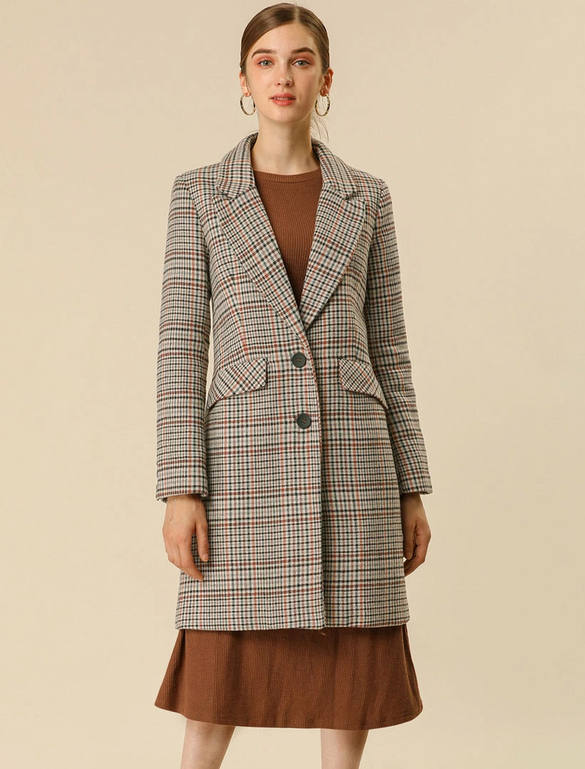 Allegra K Wool-Blend Notched Lapel Two-Button Plaid Coat 6 Allegra K Wool-Blend Notched Lapel Two-Button Plaid Coat