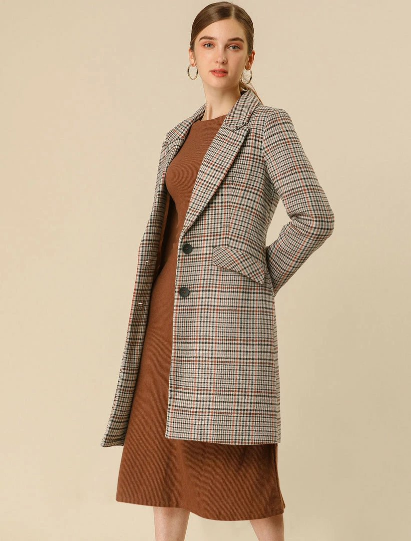 Allegra K Wool-Blend Notched Lapel Two-Button Plaid Coat 7 Allegra K Wool-Blend Notched Lapel Two-Button Plaid Coat
