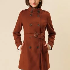 Women Allegra K Stand Collar Double Breasted Outwear Coat