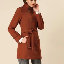 Women Allegra K Stand Collar Double Breasted Outwear Coat