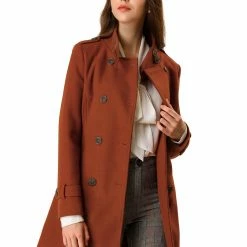 Women Allegra K Stand Collar Double Breasted Outwear Coat