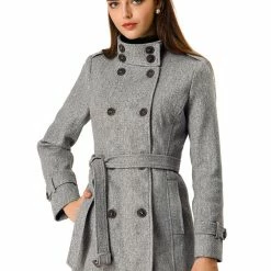 Women Allegra K Stand Collar Double Breasted Outwear Coat