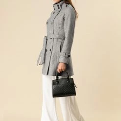 Women Allegra K Stand Collar Double Breasted Outwear Coat