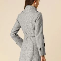 Women Allegra K Stand Collar Double Breasted Outwear Coat