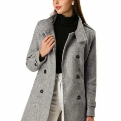 Women Allegra K Stand Collar Double Breasted Outwear Coat