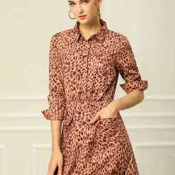 Allegra K Buttoned Flap Pockets Short Leopard Dress 11 Allegra K Buttoned Flap Pockets Short Leopard Dress