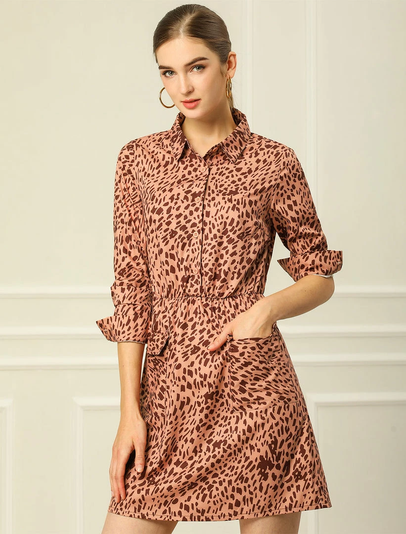Allegra K Buttoned Flap Pockets Short Leopard Dress 5 Allegra K Buttoned Flap Pockets Short Leopard Dress