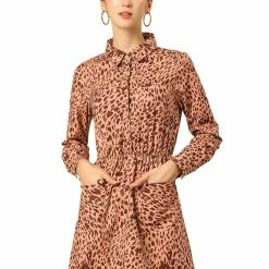 Allegra K Buttoned Flap Pockets Short Leopard Dress