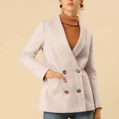 Allegra K Wool-Blend Shawl Collar Short Peacoat With Front Pockets Women