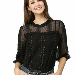 Allegra K 3/4 Sleeves Ruffle Mock Neck Sheer Lace Top