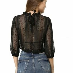 Allegra K 3/4 Sleeves Ruffle Mock Neck Sheer Lace Top