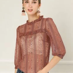 Allegra K 3/4 Sleeves Ruffle Mock Neck Sheer Lace Top