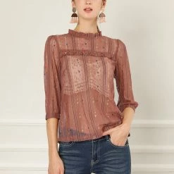 Allegra K 3/4 Sleeves Ruffle Mock Neck Sheer Lace Top