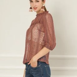 Allegra K 3/4 Sleeves Ruffle Mock Neck Sheer Lace Top