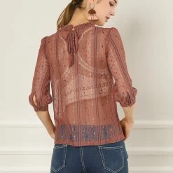 Allegra K 3/4 Sleeves Ruffle Mock Neck Sheer Lace Top