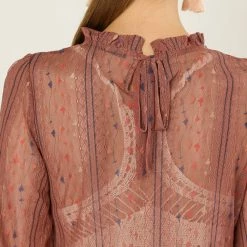 Allegra K 3/4 Sleeves Ruffle Mock Neck Sheer Lace Top