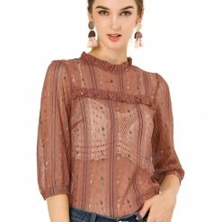 Allegra K 3/4 Sleeves Ruffle Mock Neck Sheer Lace Top