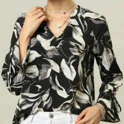 Women Allegra K V-Neck Bell Long Sleeves Floral Printed Blouse 29 Women Allegra K V-Neck Bell Long Sleeves Floral Printed Blouse