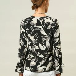 Women Allegra K V-Neck Bell Long Sleeves Floral Printed Blouse 32 Women Allegra K V-Neck Bell Long Sleeves Floral Printed Blouse