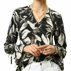 Women Allegra K V-Neck Bell Long Sleeves Floral Printed Blouse