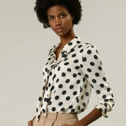 Women Allegra K Tie Neck Button Down Polka Dot Shirt