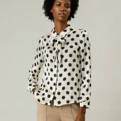 Women Allegra K Tie Neck Button Down Polka Dot Shirt