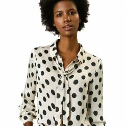 Women Allegra K Tie Neck Button Down Polka Dot Shirt