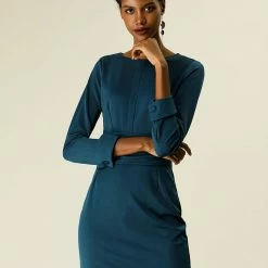 Allegra K Boat Neck Cinched Waist 3/4 Sleeves Dress