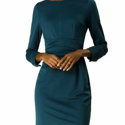 Allegra K Boat Neck Cinched Waist 3/4 Sleeves Dress