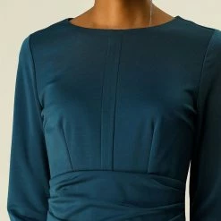 Allegra K Boat Neck Cinched Waist 3/4 Sleeves Dress