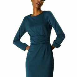 Allegra K Boat Neck Cinched Waist 3/4 Sleeves Dress
