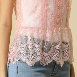 Allegra K Lace Overlay Peplum Top With Back Keyhole Button Closure